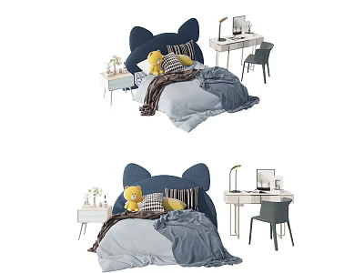 Kids Bed With Cat Ear Shaped Headboard Soft Bedding Plush Toy Side Table Desk Chair Set 3d model