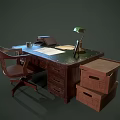 Wooden Office Desk With Green Lamp Coffee Mug Books Papers Photo Frame And Storage Boxes