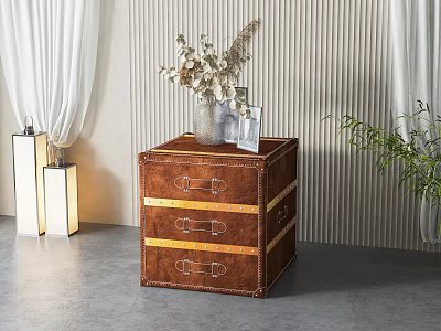 Modern Brown Leather Nightstand With Drawers Metal Buckles And Flower Vase Decor 3d model