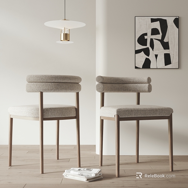 Modern Minimalist Upholstered Dining Chairs With Wooden Legs And Wall Art 3d model 