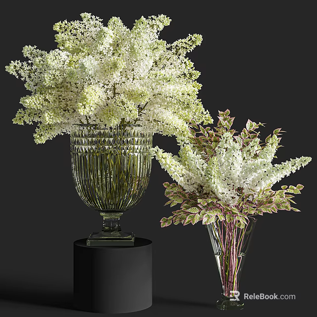 Ribbed Glass Vase With White Flowers On Black Base And Pink Foliage In Slender Vase 3d model 