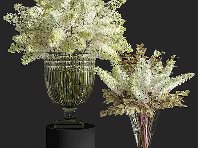Ribbed Glass Vase With White Flowers On Black Base And Pink Foliage In Slender Vase 3d model