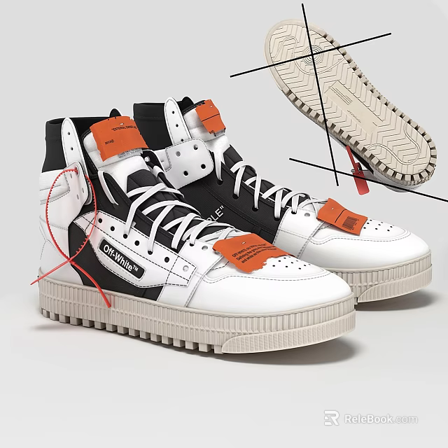 High Top Leather Shoes With Black And White Colorway Orange Labels And Creamy White Sole 3d model 