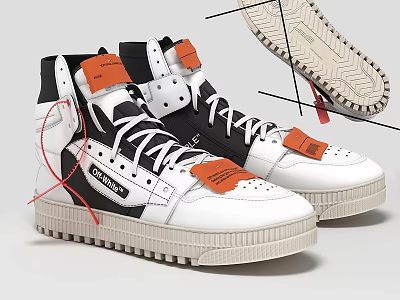 High Top Leather Shoes With Black And White Colorway Orange Labels And Creamy White Sole 3d model