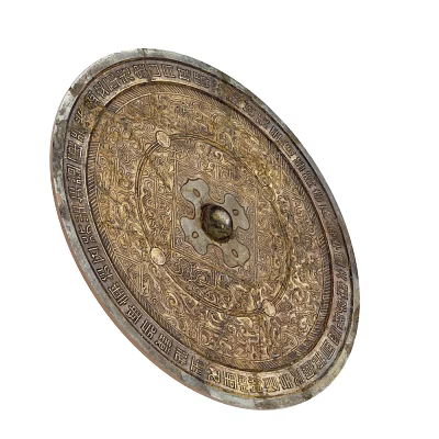 Ancient Bronze Round Mirror With Intricate Patterns Inscriptions And Central Knob 3d model
