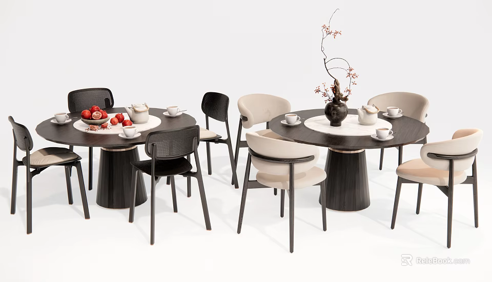 Modern Round Dining Table Set With Black Beige Chairs And Tabletop Decor 3d model