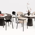 Modern Round Dining Table Set With Black Beige Chairs And Tabletop Decor 3d model