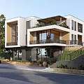 Modern Detached Villa with Large Glass Windows Balcony and Green Garden Surrounded by Trees