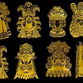 Golden Traditional Mask Pendants With Intricate Paper Cut Designs And Ornate Patterns