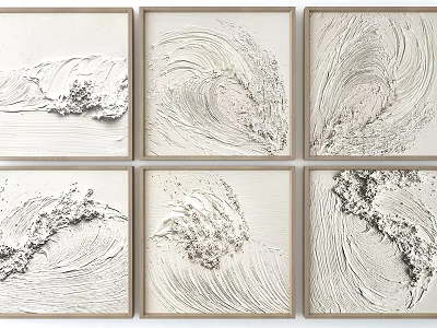 Textured Wave Relief Paintings In Light Wood Frames For Wall Decor 3d model