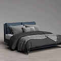 Double Bed with Blue Upholstered Headboard Grey Pillows and Dark Striped Bedspread 3d model
