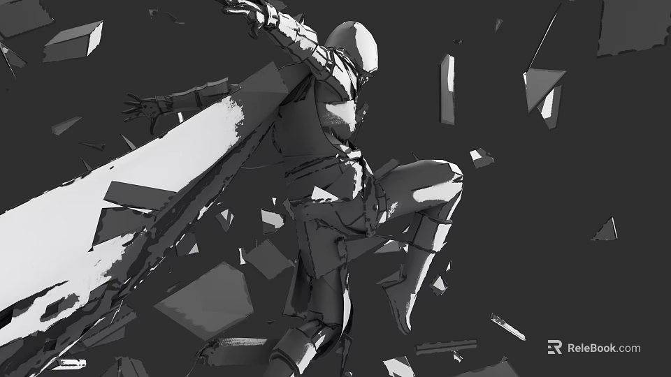 Game and Movie Character in Dynamic Pose With Broken Mechanical Parts and Geometric Shards 3d model 