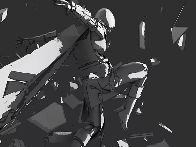 Game and Movie Character in Dynamic Pose With Broken Mechanical Parts and Geometric Shards 3d model