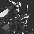 Game and Movie Character in Dynamic Pose With Broken Mechanical Parts and Geometric Shards