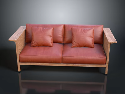 Modern Red Leather Sofa With Wooden Armrests And Decorative Pillows 3d model