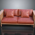 Modern Red Leather Sofa With Wooden Armrests And Decorative Pillows