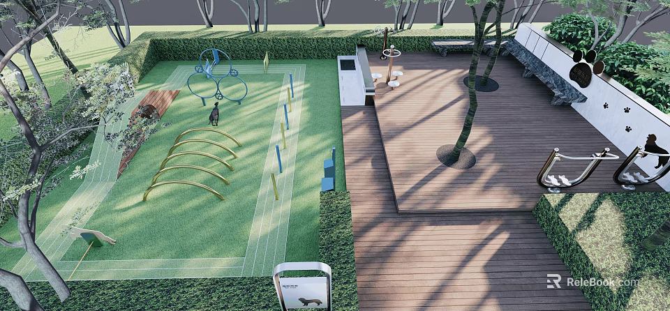 Residential Landscape With Green Lawn Wooden Deck Trees Play Structures And Seating Area 3d model 