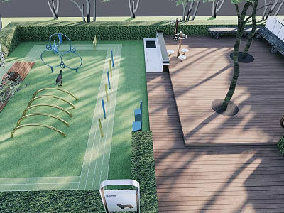 Residential Landscape With Green Lawn Wooden Deck Trees Play Structures And Seating Area 3d model