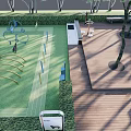 Residential Landscape With Green Lawn Wooden Deck Trees Play Structures And Seating Area