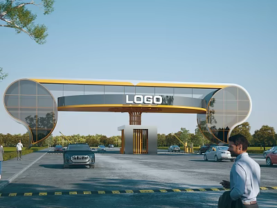 Modern Yellow Entrance Gate Design With Glass Panels Logo Vehicle And Pedestrian Access 3d model