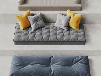 Gray Upholstered Bench With Yellow And Gray Soft Plush Cushions 3d model