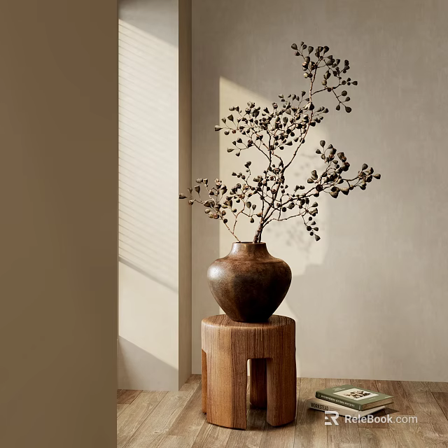 Brown Ceramic Vase With Dried Branches And Small Blooms On Wooden Pedestal 3d model 