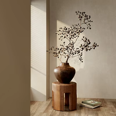 Brown Ceramic Vase With Dried Branches And Small Blooms On Wooden Pedestal 3d model