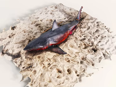 View of dead shark with red body parts lying on pitted sandy ground 3d model