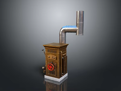 Vintage Cast Iron Stove With Red Knob And Vertical Metal Pipe 3d model