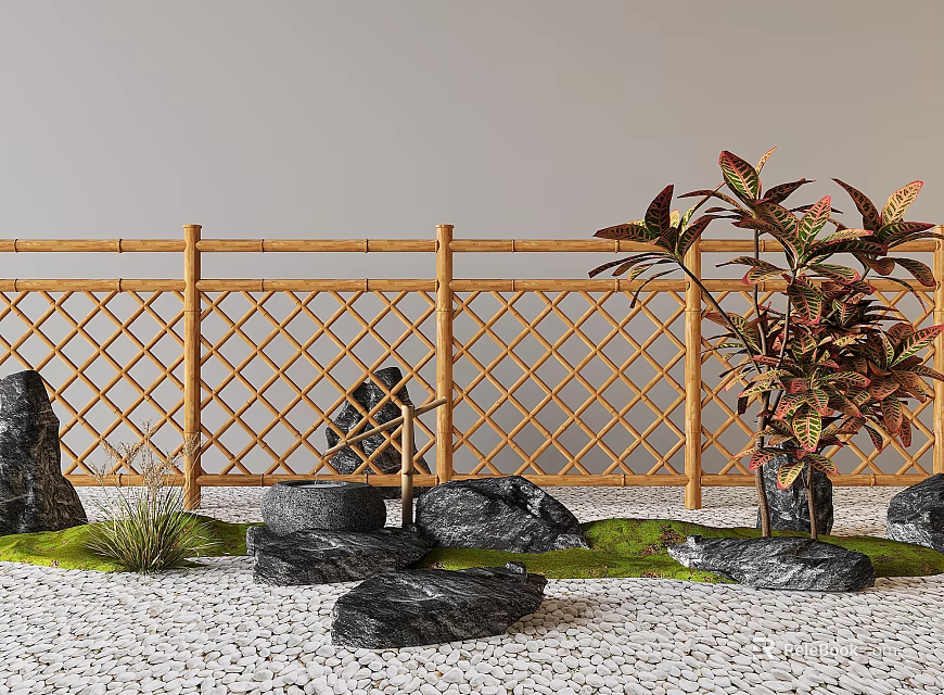 Bamboo Fence In Garden With Rocks And Plants 3d model 