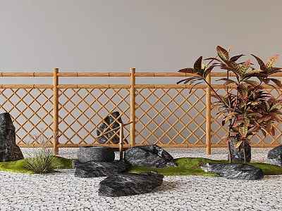 Bamboo Fence In Garden With Rocks And Plants 3d model