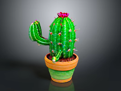 Green Spiky Cactus With Red Flower In Decorative Green And Orange Pot 3d model