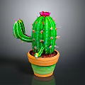 Green Spiky Cactus With Red Flower In Decorative Green And Orange Pot