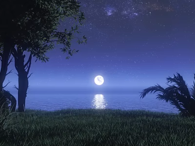 Serene Night Landscape With Full Moon Milky Way Ocean Reflection Green Grass And Palm Trees 3d model