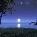Serene Night Landscape With Full Moon Milky Way Ocean Reflection Green Grass And Palm Trees