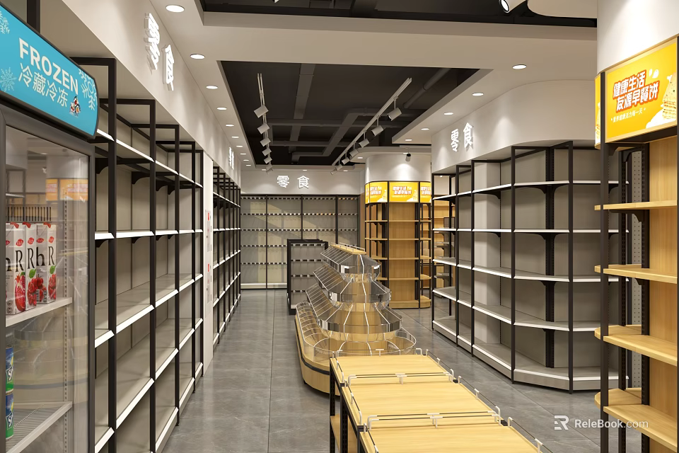 Spacious Supermarket Department Store Interior With Shelves And Product Displays Layout 3d model 