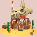 Cartoon Desert Scene Featuring Skull Head Tent Cacti Barrels Figure Ropes And Stones