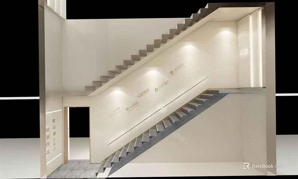 Modern Staircase Interior Design With White Walls Gray Steps Handrail And Lighting 3d model