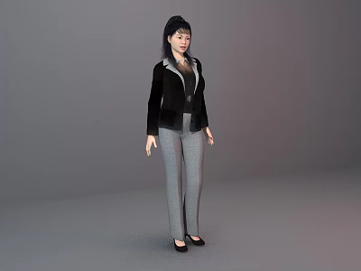 Woman Dressed in Black Coat and Gray Pants Standing Against Gray Background 3d model