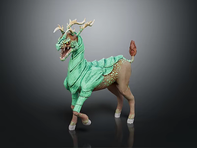 Mythical Fantasy Beast Standing Pose With Green Body Antlers Red Tail And Scaled Design 3d model