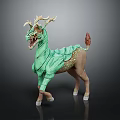 Mythical Fantasy Beast Standing Pose With Green Body Antlers Red Tail And Scaled Design