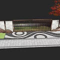 Wooden Lattice Landscape Wall With Wavy Pavement Red Maple Tree And Green Plants