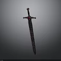 Ornate Medieval Sword With Red Gemstone Handle And Intricate Blade Patterns