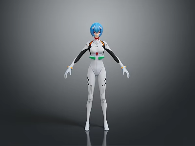 Anime Character With Blue Hair White Bodysuit And Black Green Accents Standing Gray Background 3d model