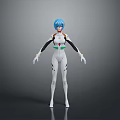 Anime Character With Blue Hair White Bodysuit And Black Green Accents Standing Gray Background