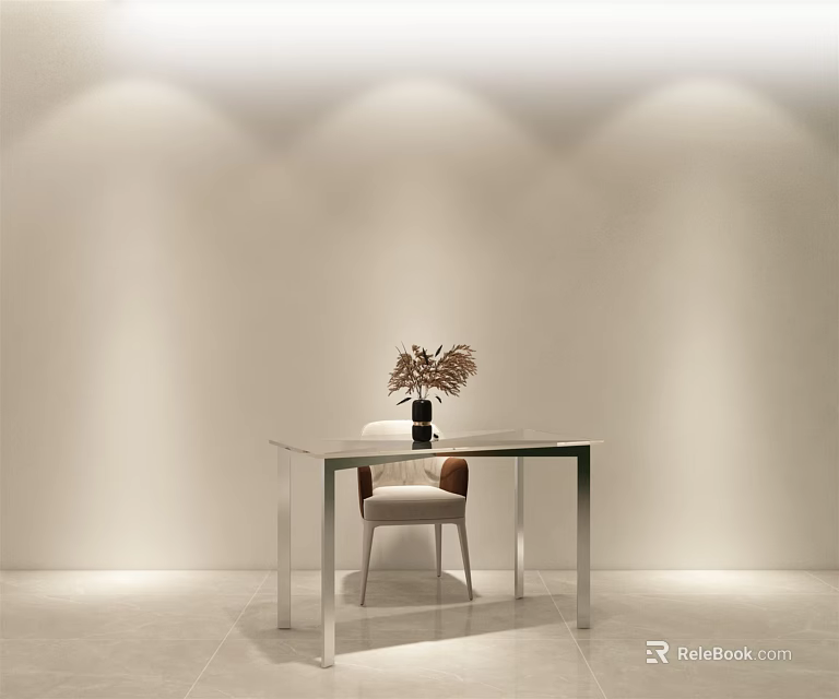 Minimalist Office Desk With Glass Top Metal Frame Vase And Dried Flowers In Soft Lighting 3d model 