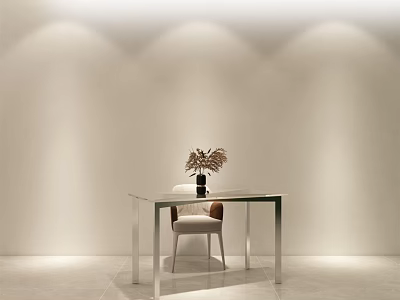 Minimalist Office Desk With Glass Top Metal Frame Vase And Dried Flowers In Soft Lighting 3d model