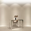 Minimalist Office Desk With Glass Top Metal Frame Vase And Dried Flowers In Soft Lighting