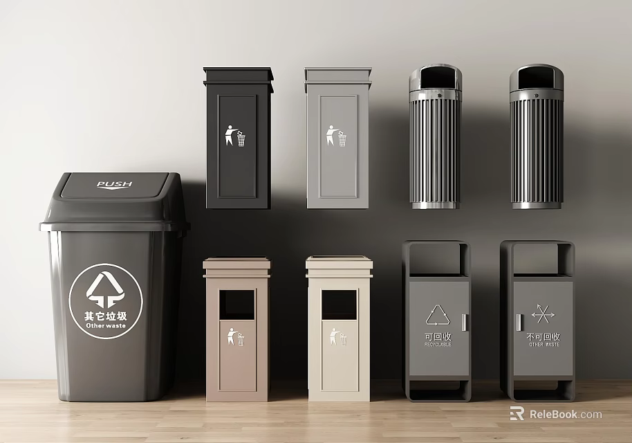 Assorted Trash Bins With Various Designs Colors And Classification Features 3d model