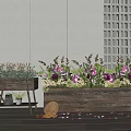 Plant Combination with Pink Flowers Green Foliage in Wooden Planters Against Beige Wall White Lattice